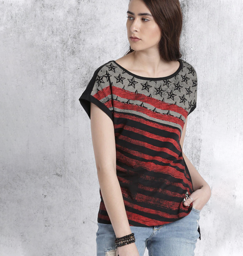 Women Black Red Printed Pure Cotton T-shirt